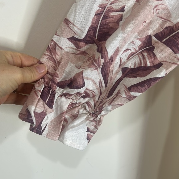 House of Harlow 1960 Linen Smocked Pink Palm Midi Dress Bishop Sleeve Medium - Picture 13 of 16